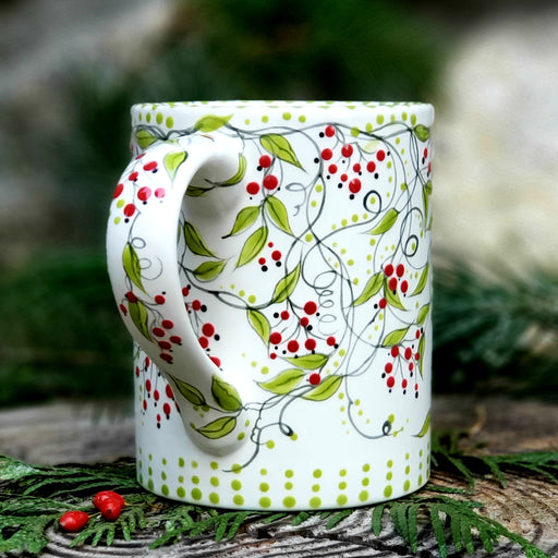 Hand painted red berry mug... with dark green vines and lime colored leaves this satin glazed mug is beautiful! This is a big 16 oz. kiln fired ceramic mug
