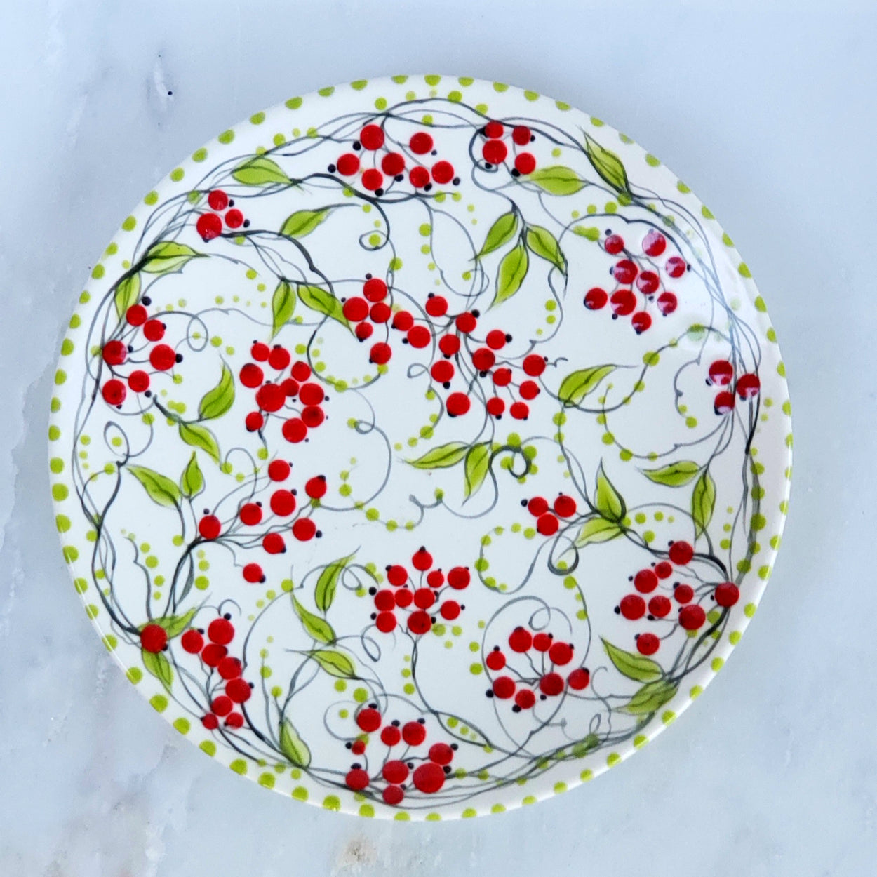 The sweetest cookie/dessert plate! 6" with lime green polka dots, plump red berries and green leaves.