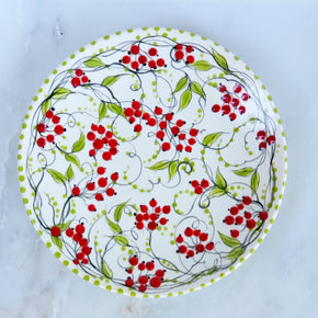 The sweetest cookie/dessert plate! 6" with lime green polka dots, plump red berries and green leaves.