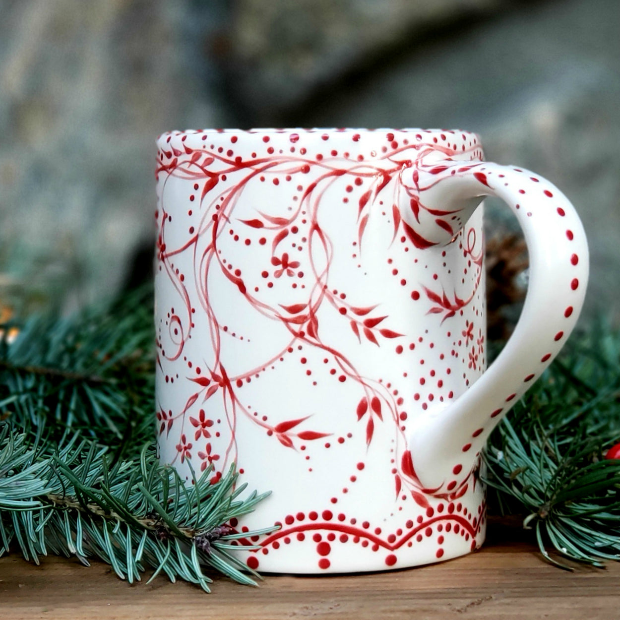 et little vines, teeny flowers and tiny polka dots. 15 oz kiln fired ceramic mug with a soft satin glaze